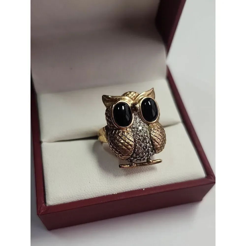 Gold Over Sterling VintageOwl Cocktail Ring with Black Onyx Eyes Size 7